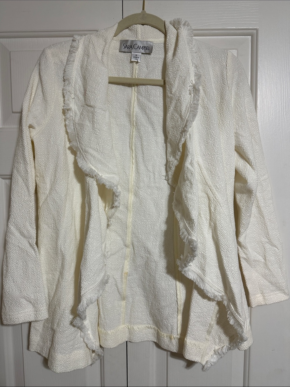 Sara Campbell Cream Frayed-Trim Open Front Jacket